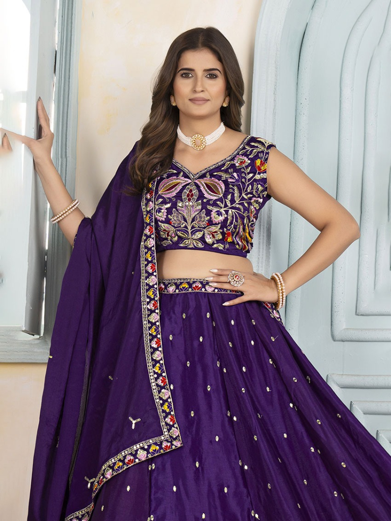 Traditional Elegant Ethnic Festive Deep Violet Chinnon Silk Lehanga Suit