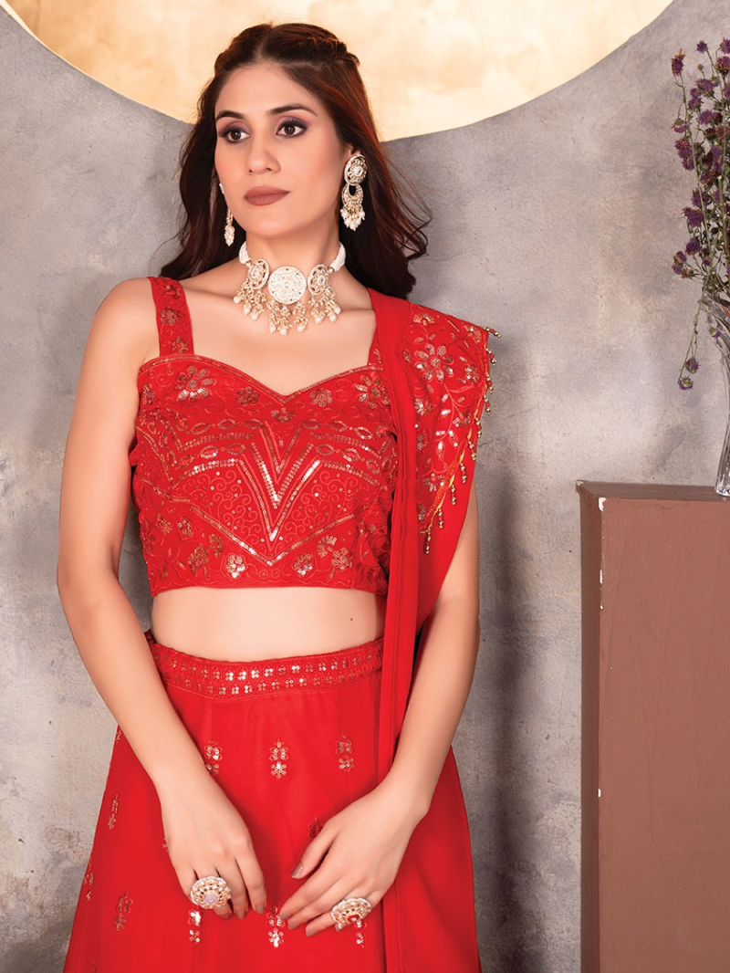 Designer Traditional Ethnic Red Faux Georgette Lehanga Suit