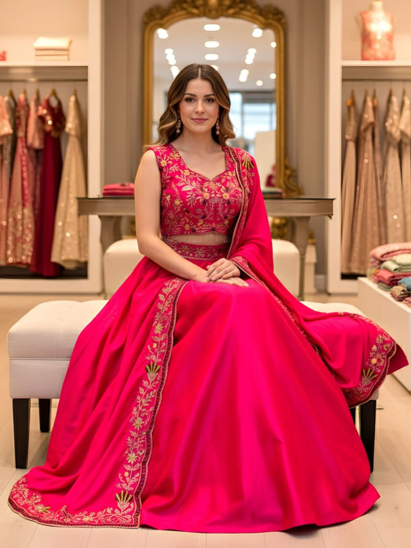 Elegant Ethnic Traditional Festive Rani Pink Satin Lehanga Suit
