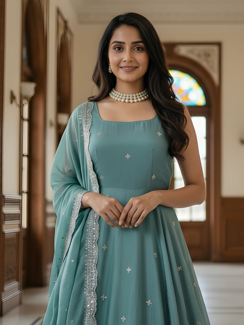 Elegant Authentic Ethnic Festive Dusty Teal Green Anarkali style Gown