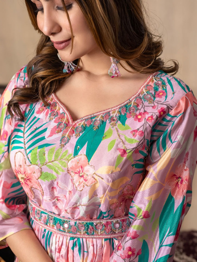 Elegant Festive Pink Chinnon Silk long Anarkali Style Gown