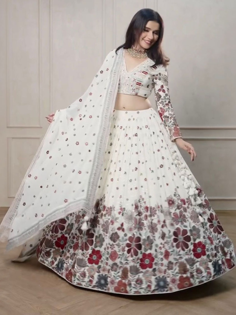 Designer Ethnic Traditional White Georgette Lehanga Suit