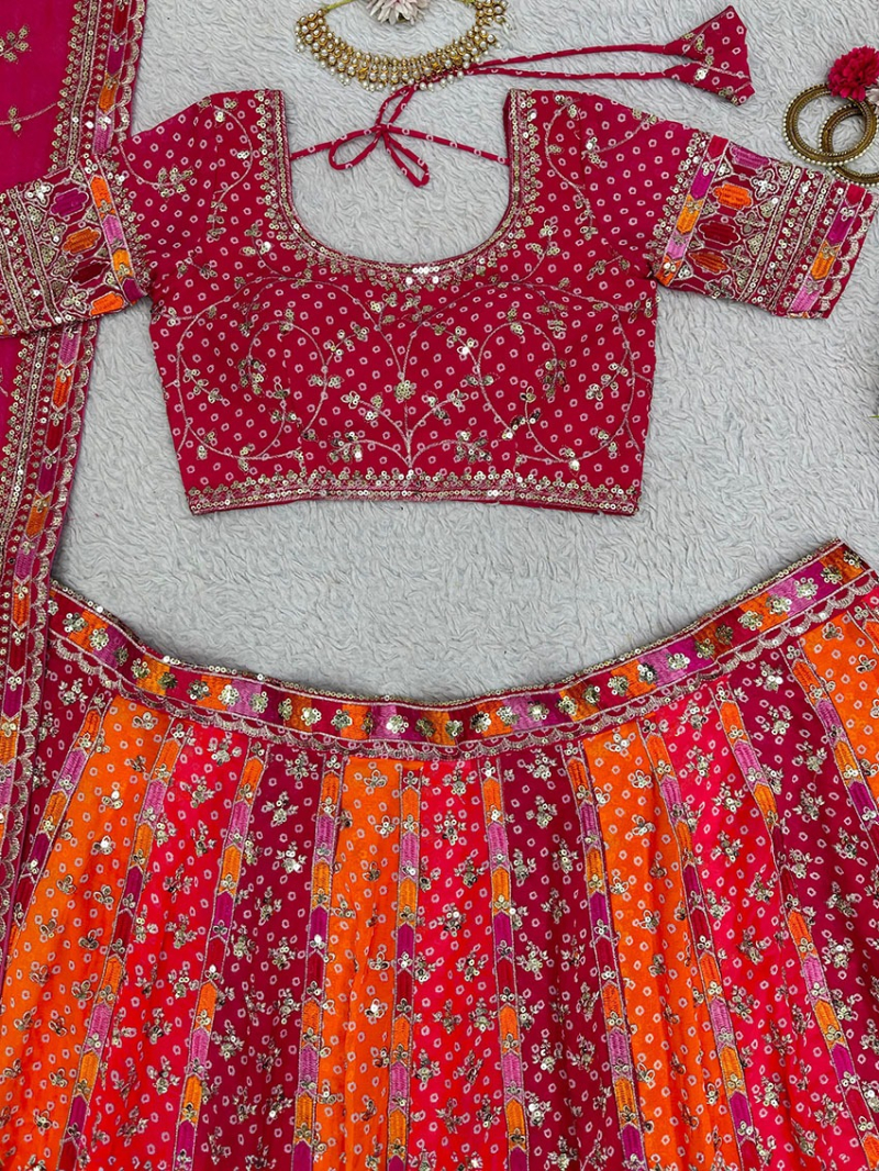 Elegant Ethnic Festive Orange & Maroon Multicolor Georgette Lehanga Suit