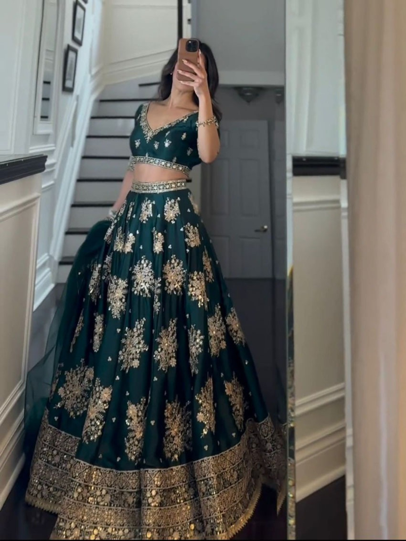 Designer Ethnic Festive Deep Emerald Green  Japan Satin Lehanga Suit
