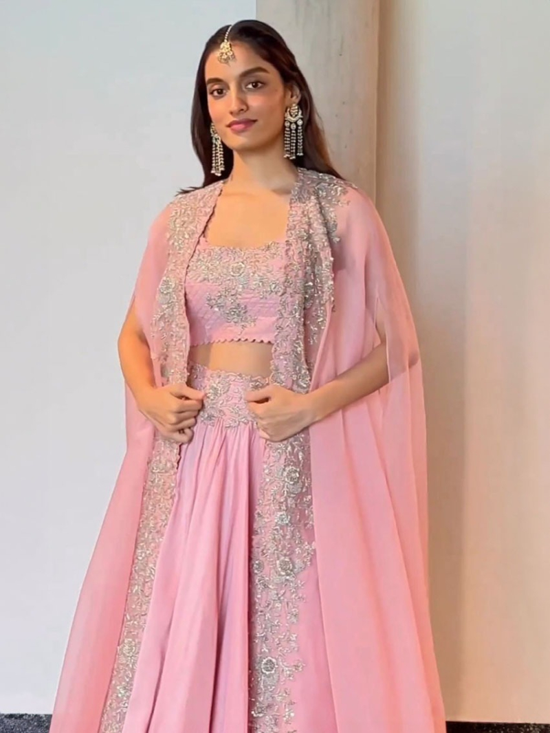Designer Elegant Ethnic Light Pink Chinnon Lehnaga Suit