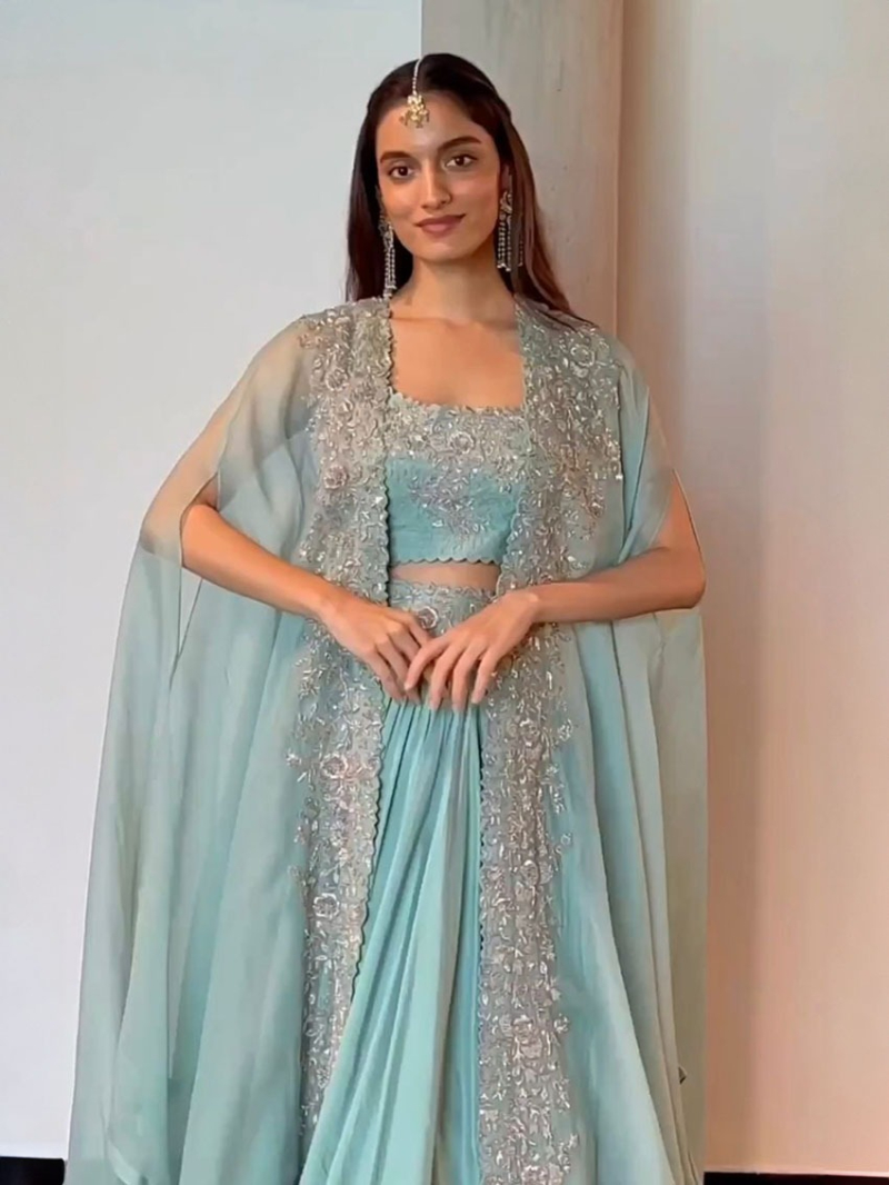 Designer Elegant Ethnic Light Blue Chinnon Lehanga Suit
