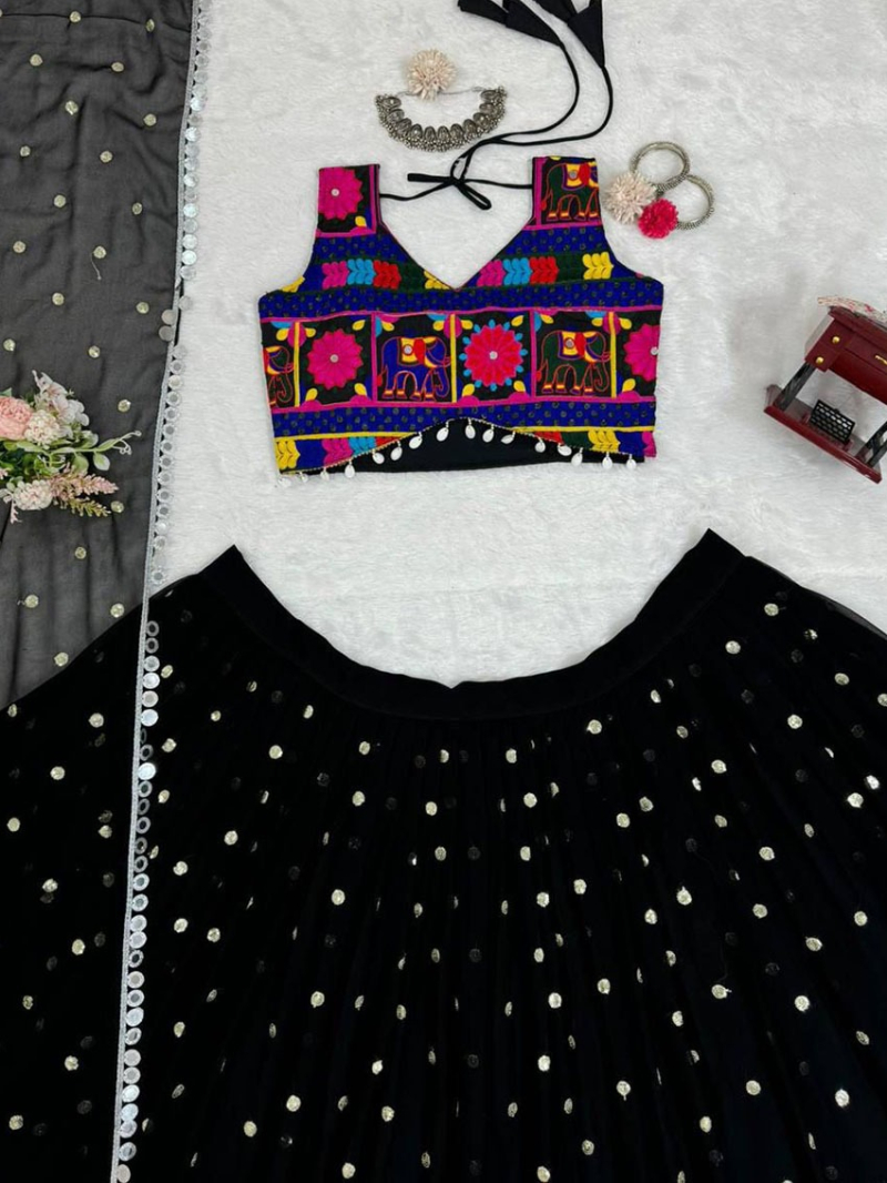 Elegant Festive Traditional Black Georgette Lehanga Suit