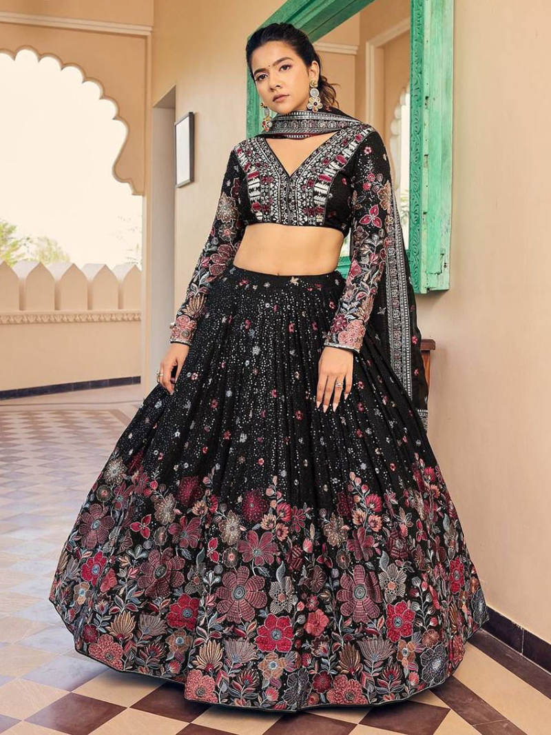 Elegant Traditional Festive Black Georgette Lehanga Suit
