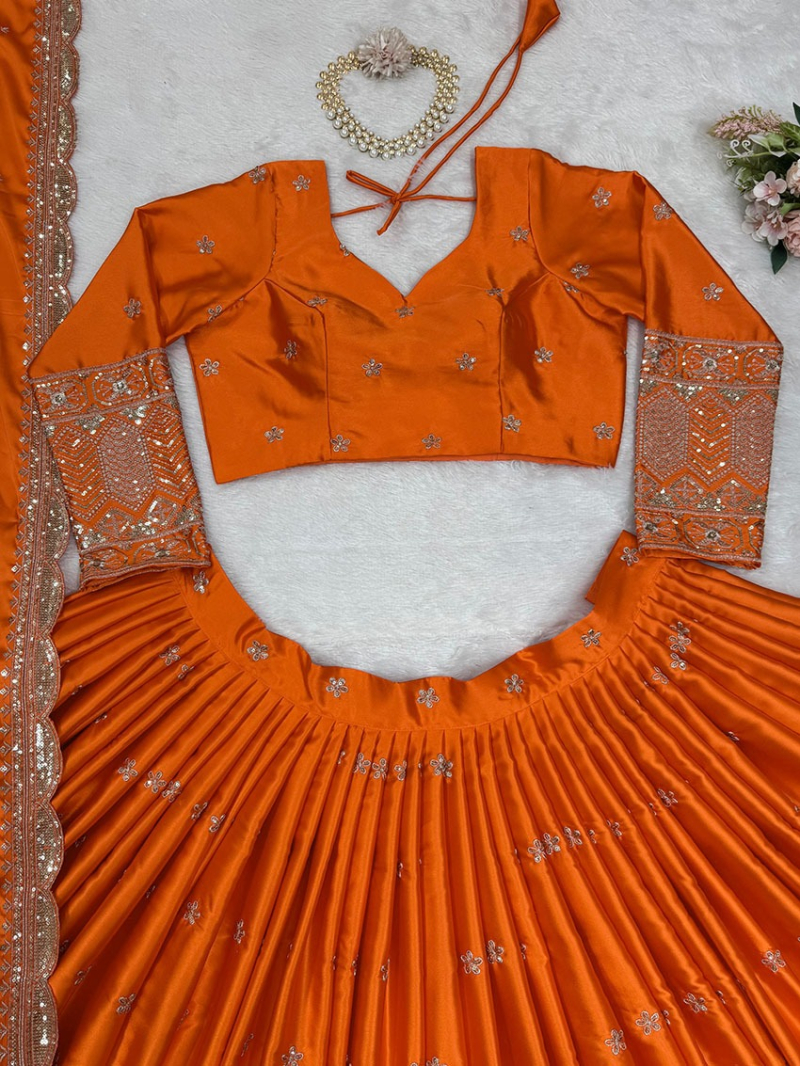 Designer Elegant Festive Orange Satin Silk lehanga Suit
