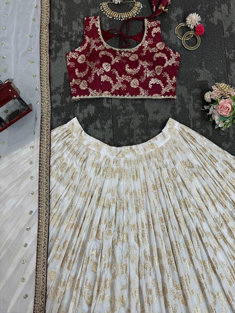 Ethnic Elegant Traditional Off white & Maroon Jacquard Lehanga Suit