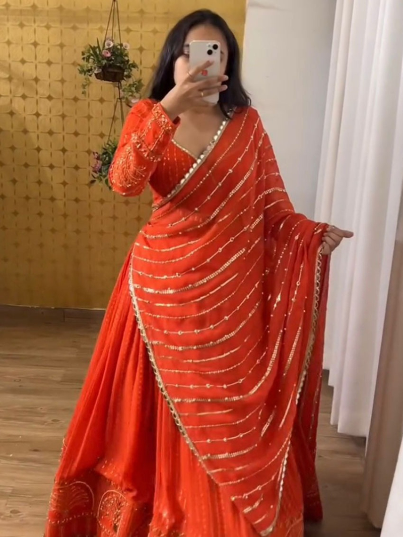 Ethnic Festive Traditional Orange Georgette Lehanga Suit