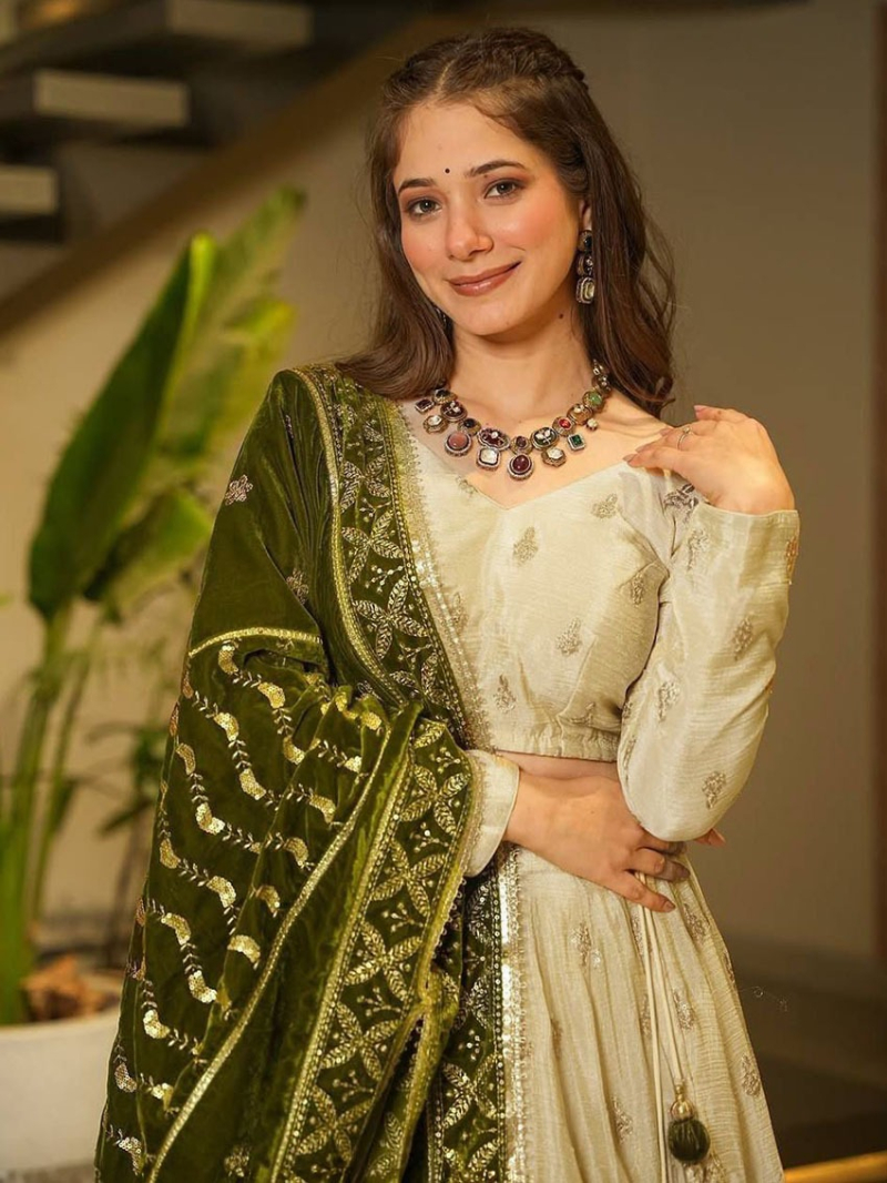Elegant Traditional Ethnic Off White Silky Slub Lehanga Suit