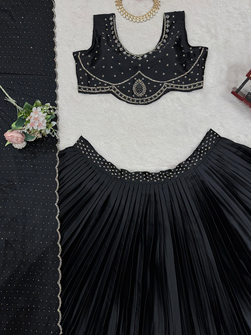 Elegant Festive Traditional Black Satin Silk Lehanga Suit