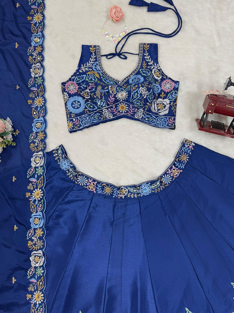 Traditional Ethnic Festive Royal Blue Chinnon Silk Lehanga Suit