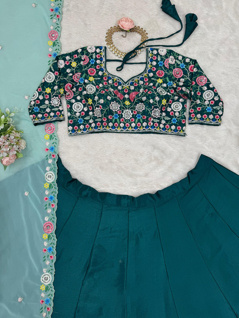 Elegant Ethnic Festive Teal Chinnon Silk Lehanga Suit