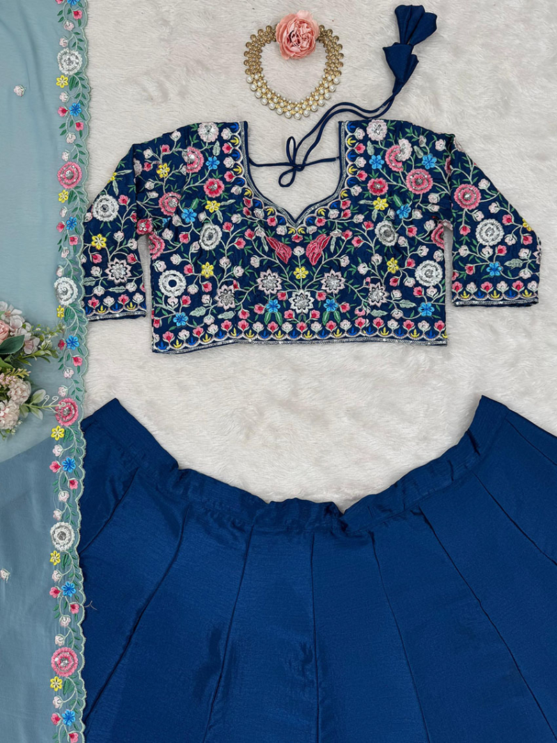 Elegant Traditional Festive Navy Blue Chinnon Silk Lehanga Suit