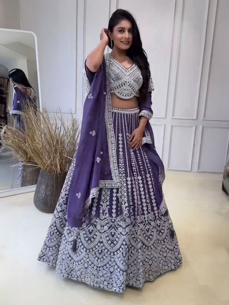 Designer Elegant Ethnic Royal Purple Georgette Lehanga Suit