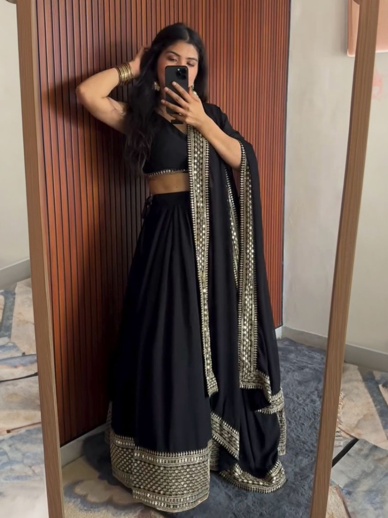 Authentic Elegant Festive Black Georgette Lehanga Suit