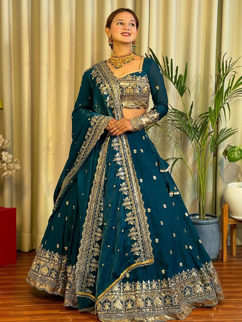 Designer Traditional Festive Peacock Blue Jimmy Choo Lehanga Suit