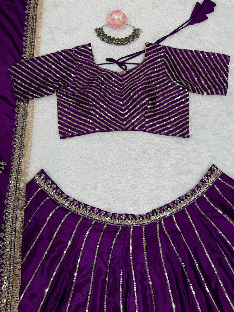 Designer Elegant Ethnic Festive Deep Purple Chinnon Silk Lehanga Suit