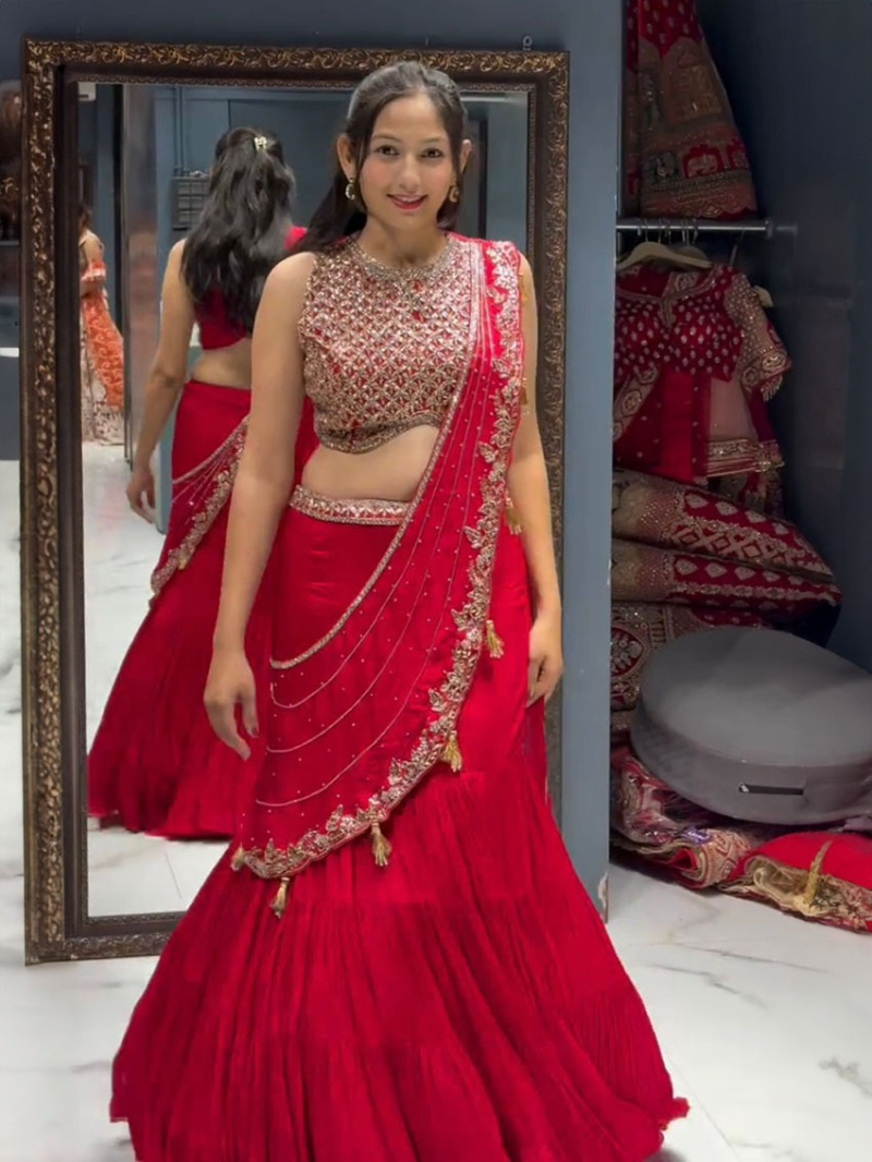 Elegant Ethnic Traditional  Red Georgette Lehanga Suit