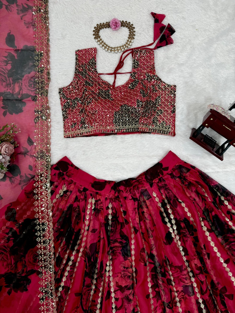 Traditional Festive Ethnic Crimson Red Tabby Organza Lehanga Suit