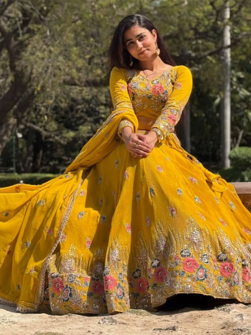 Traditional Elegant Ethnic Mustard Faux Georgette Lehanga Suit