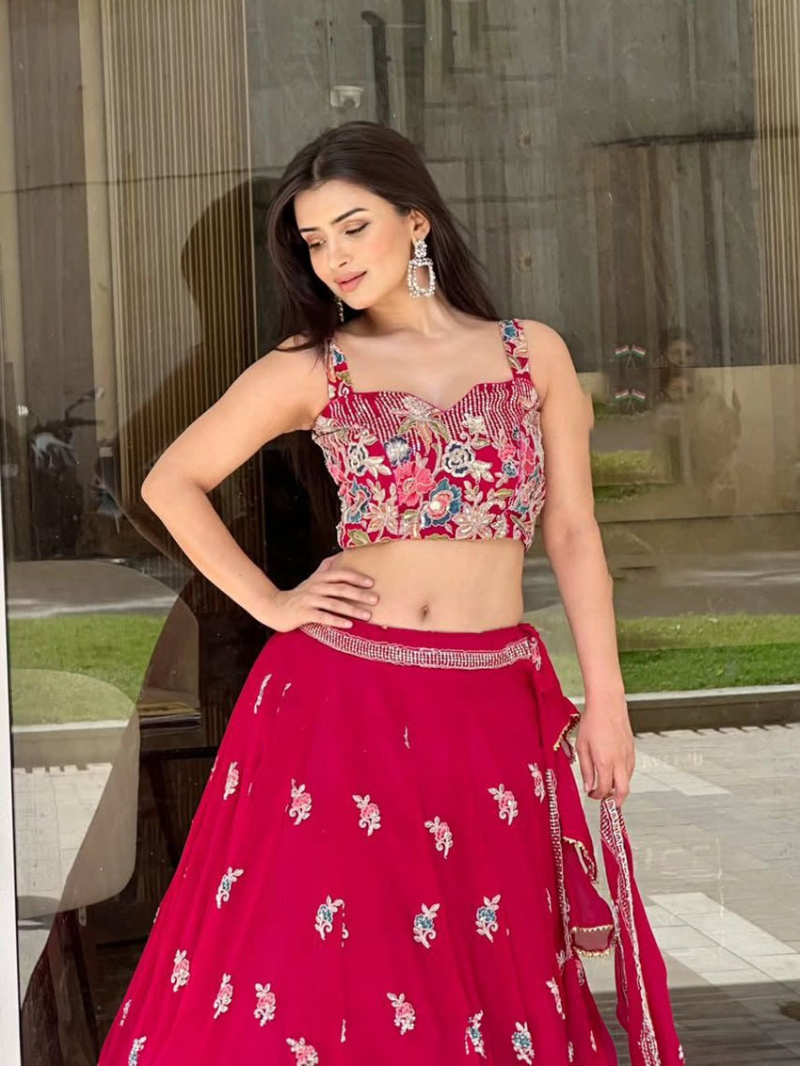 Authentic Traditional Ethnic Festive Maroon  Faux Georgette Lehanga Suit