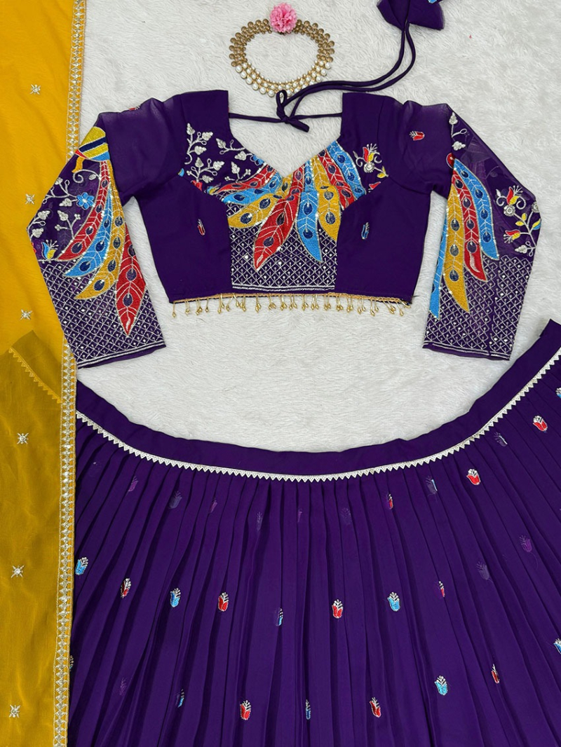 Elegant Festive Traditional Deep Violet Georgette Lehanga Suit