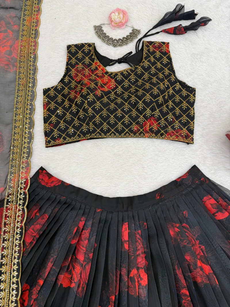 Designer Ethnic Elegant Festive Black & Red Tabby Organza Lehanga Suit