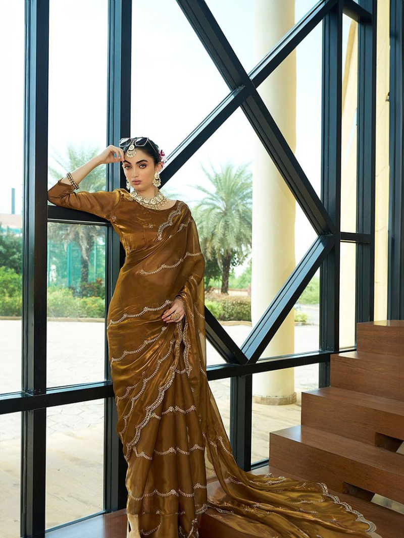 Designer Elegant Ethnic Golden Brown Jimmy Choo Silk Saree