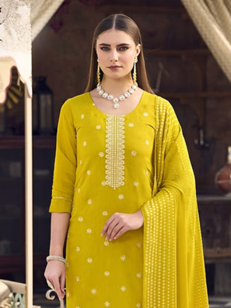 Ethnic Traditional Lime Green Roman Silk Straight Suit