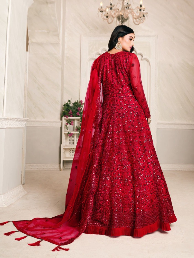 Elegant Casual Red Net Thread Floor Length Anarkali Suit