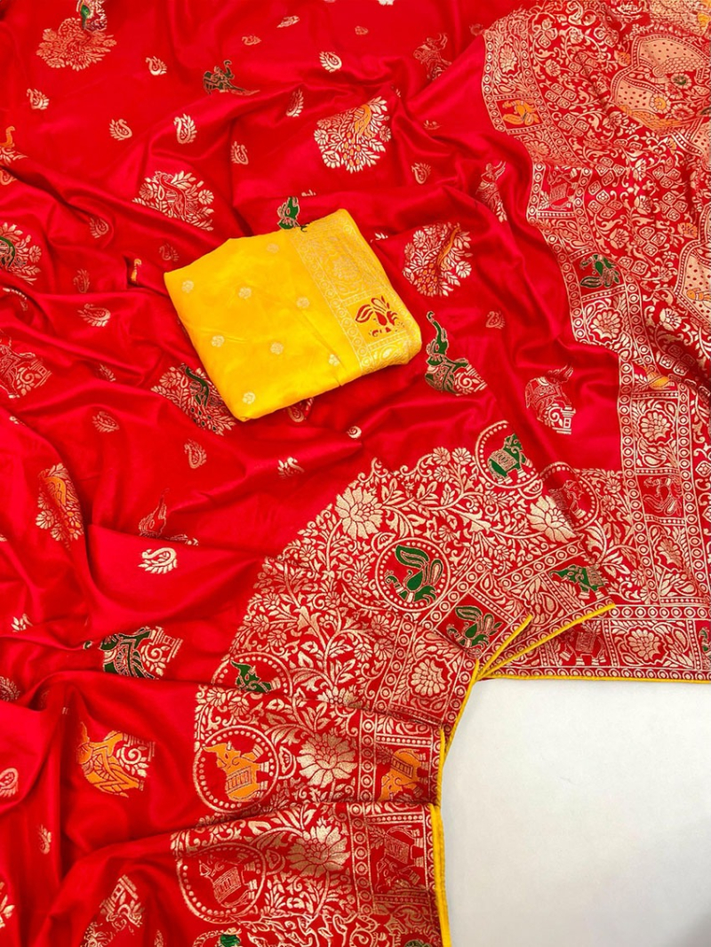Ethnic Elegant Festive Red Pure Dola Silk Saree