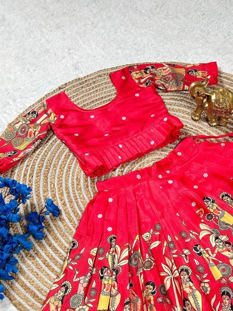Elegant Traditional Red Dola Silk Kids Lehanga Suit