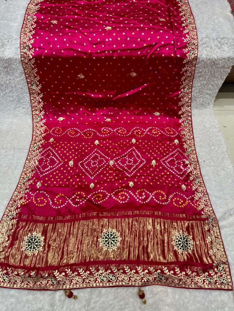 Ethnic Elegant Festive Rani Pink Pure Gaji Silk Bandhani Saree