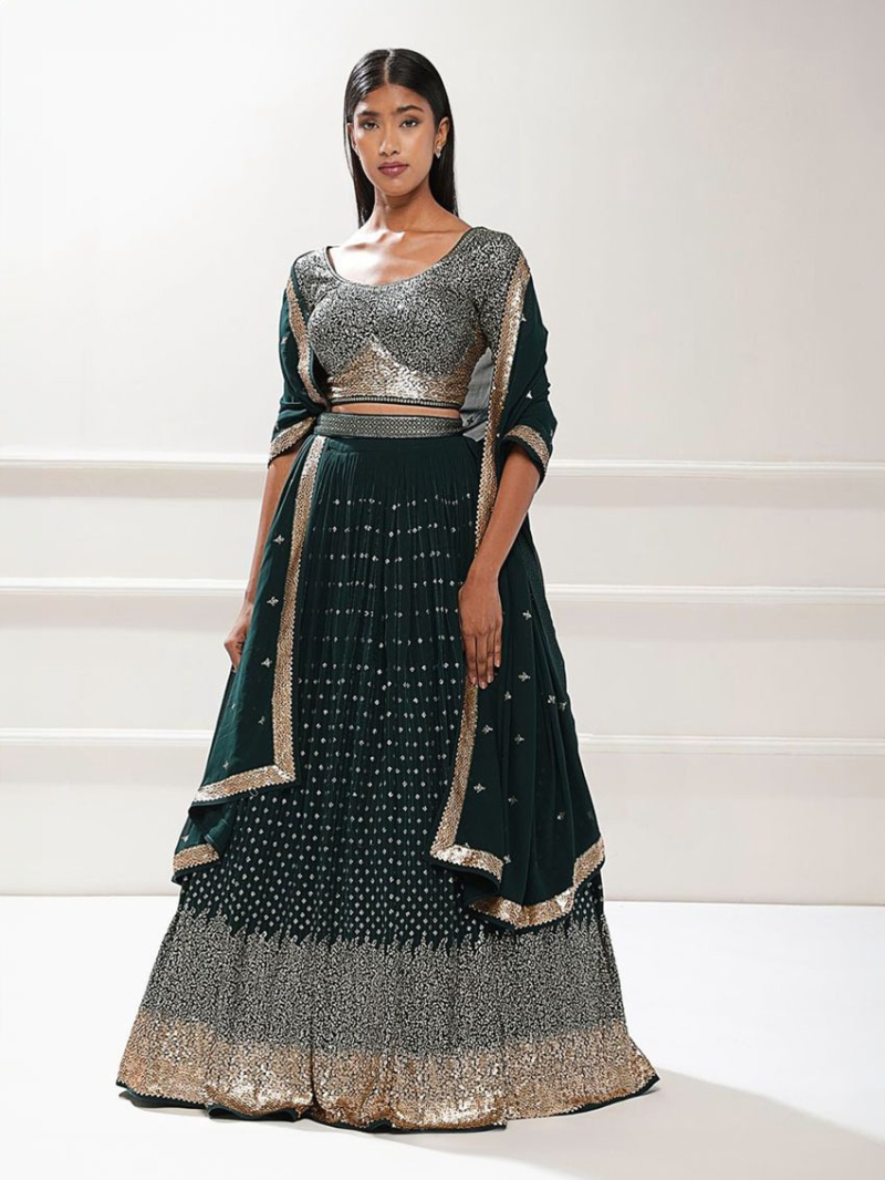 Designer Traditional Ethnic Peacock Green Georgette Lehanga Suit