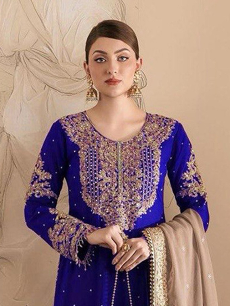 Elegant Ethnic Royal Blue Faux Georgette Embroidered Sharara Suit