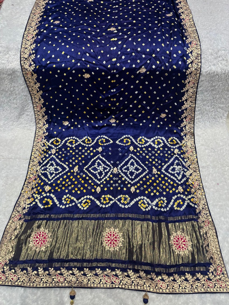 Authentic  Traditional Royal Blue Pure Gaji Silk Bandhani Saree