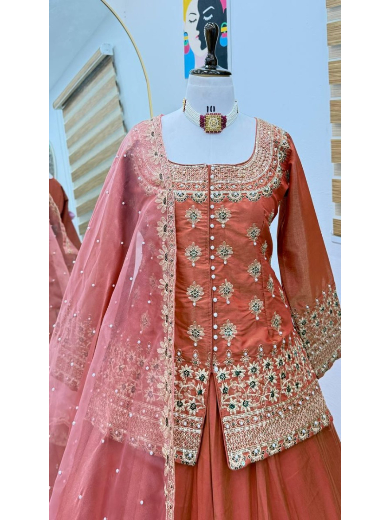 Elegant Festive Rust Peach Shimmer Silk Lehanga Suit