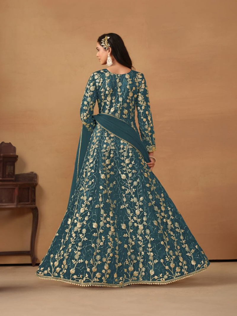 Elegant Sea Blue Butterfly Net Anarkali Suit