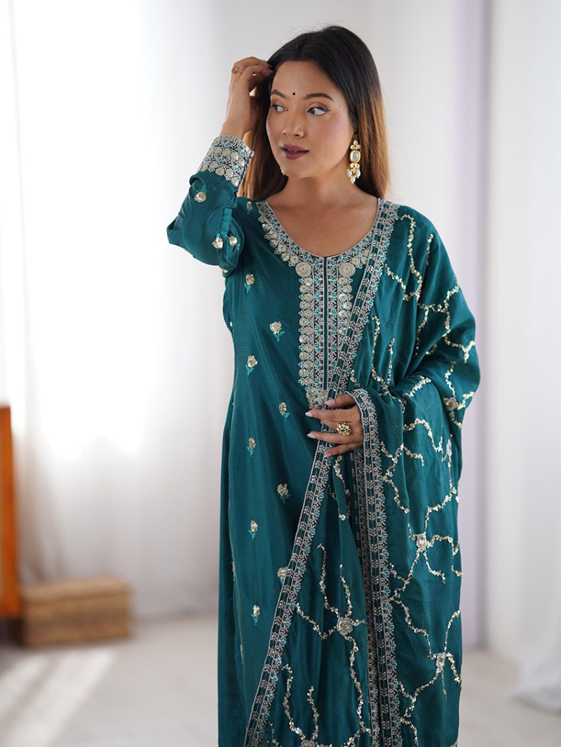 Authentic Ethnic Festive Teal Blue Chinnon Silk Straight Suit