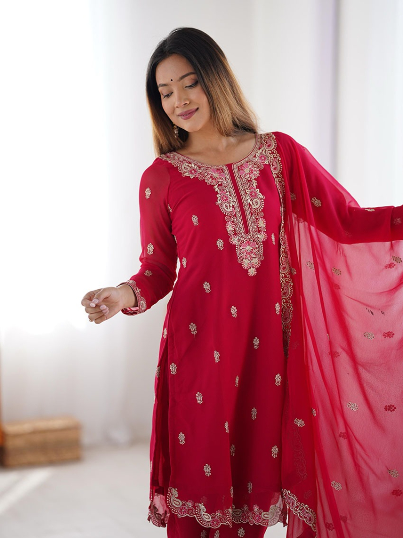 Traditional Ethnic Festive Red Faux Georgette Straight Suit