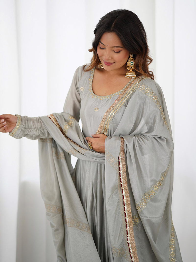 Ethnic Traditional Festive Grey Chinnon Silk Anarkali Suit