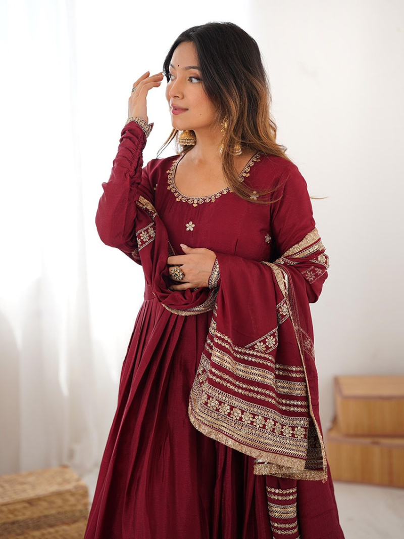 Elegant Ethnic Traditional Maroon Chinnon Silk Anarkali Suit