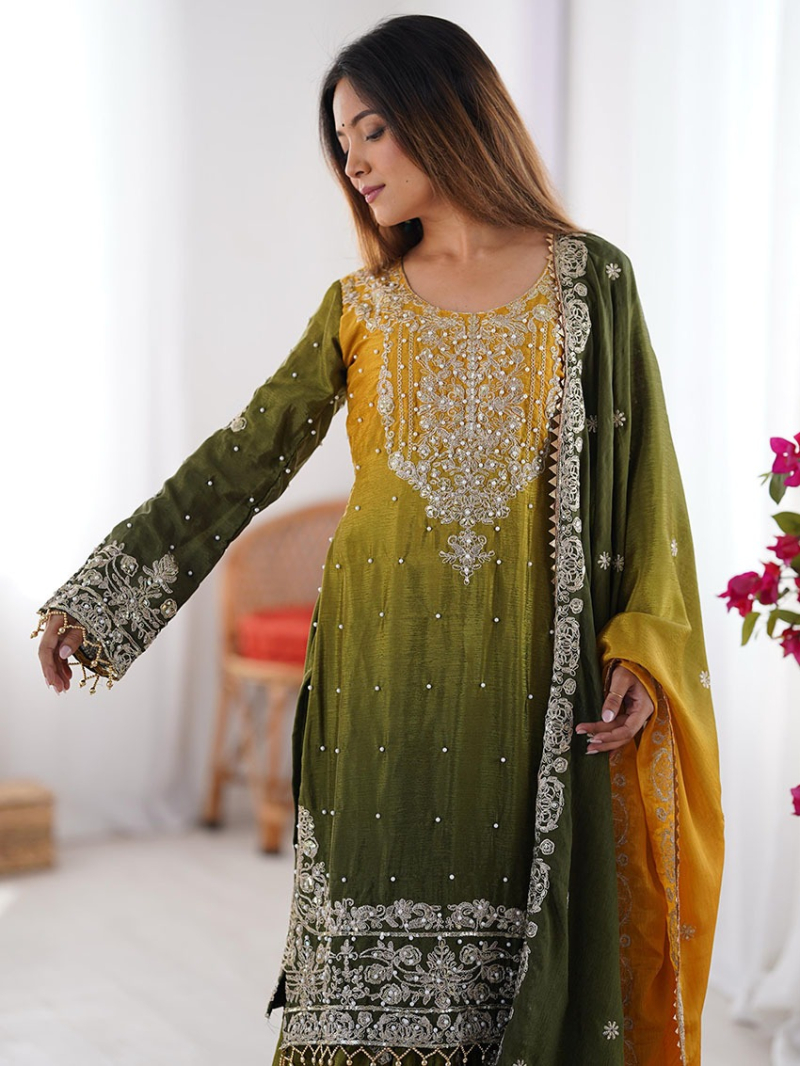 Elegant Ethnic Traditional Mehandi Green Chinnon Silk Plazo Suit