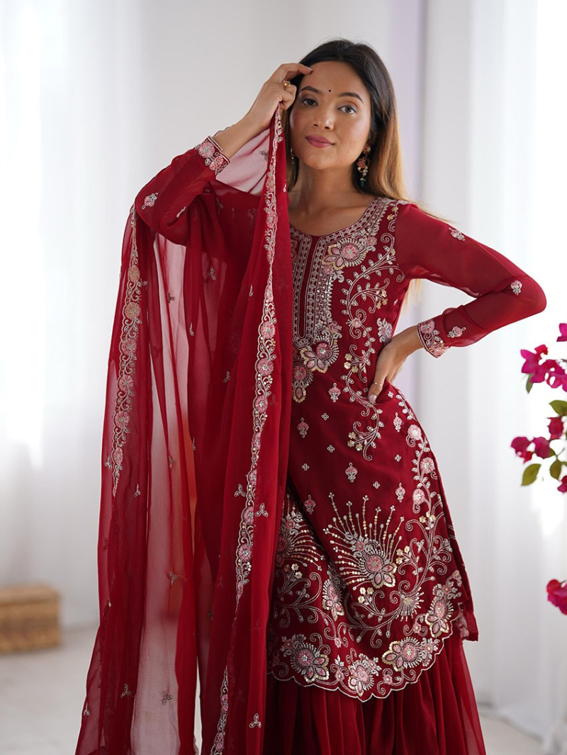 Elegant Festive Traditional Maroon Georgette Sharara Suit