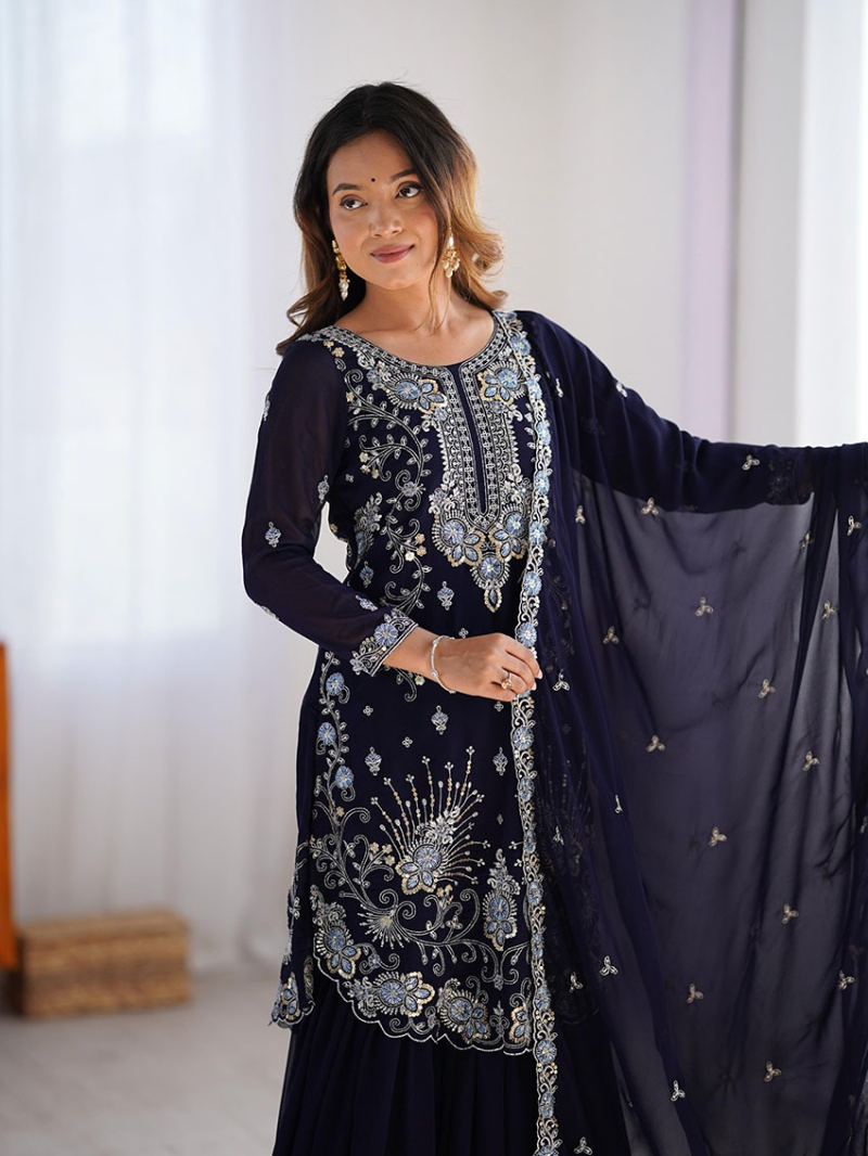 Ethnic Elegant Festive Navy Blue Georgette Sharara Suit