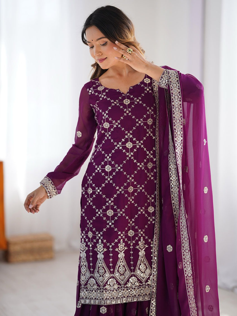 Ethnic Traditional Festive Plum Faux Georgette Plazo Suit