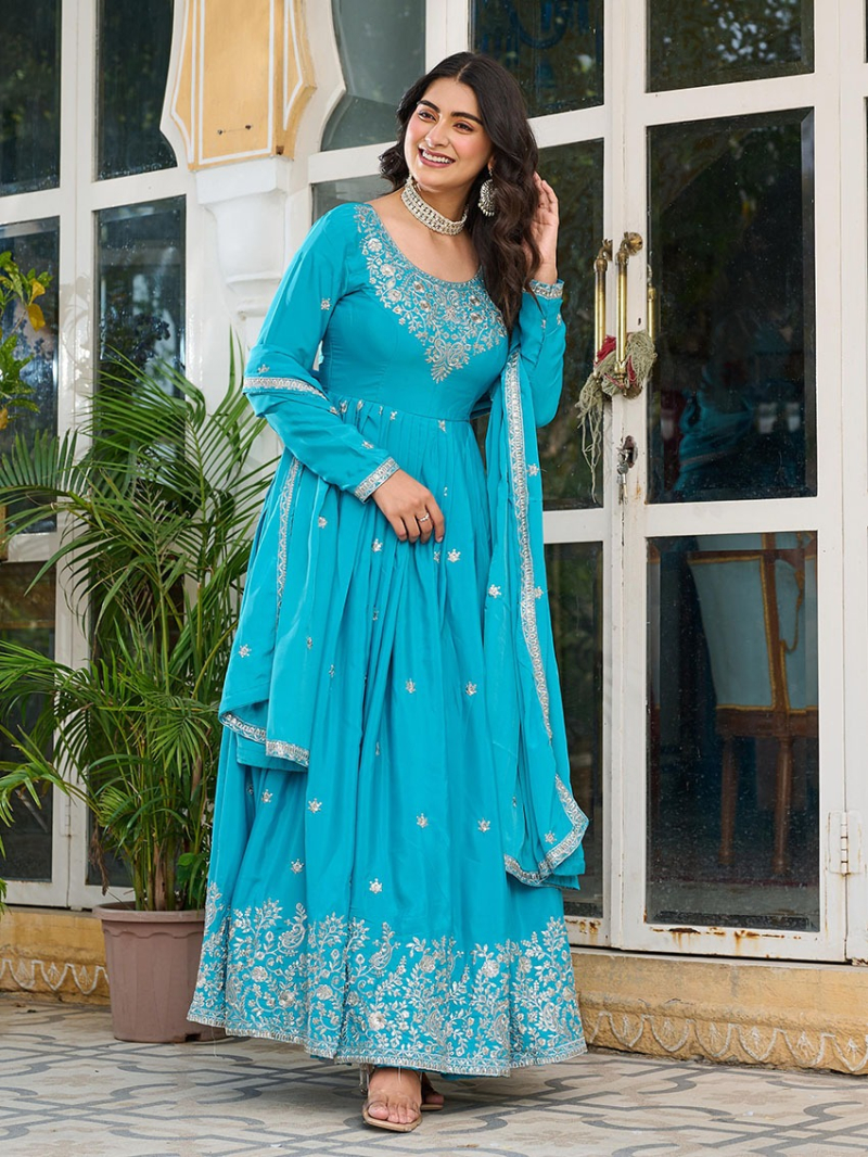 Ethnic Traditional Festive Sky Blue American Silk Anarkali Suit